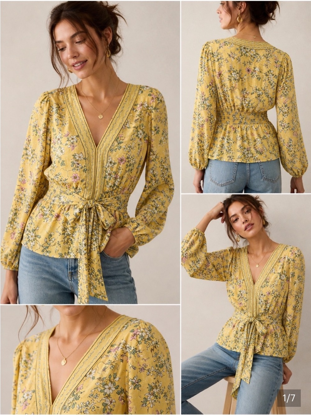 Max Studio Butter Yellow Floral Tie Front Smocked V-Neck Boho Blouse Medium